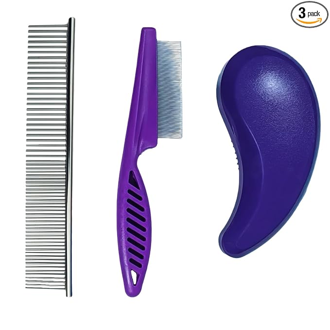 3 PCS Puppy Brush Grooming Kit, Stainless Steel Flea Comb, Fit for Yorkie, Shih Tzu, Maltipoo, Soft Bristle (Dark Purple)