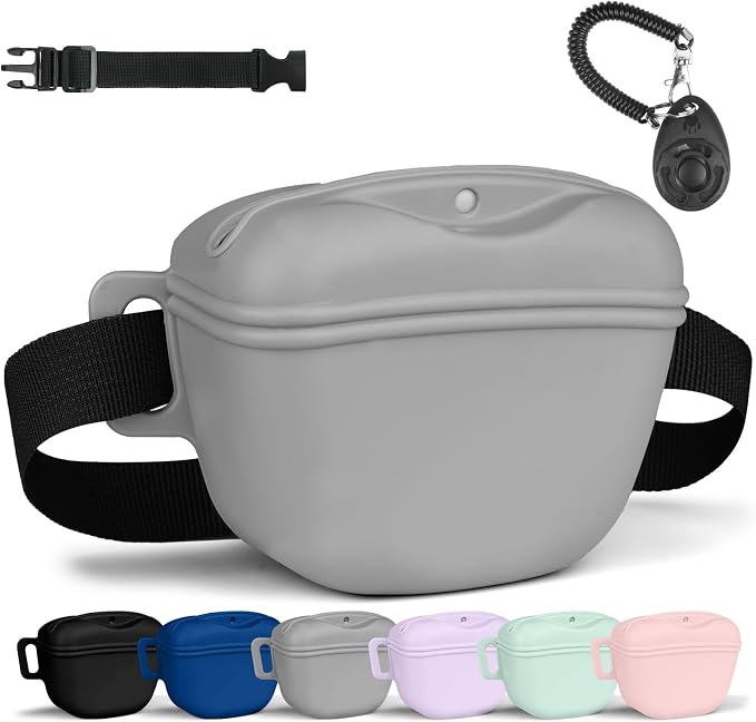 AOMIG Dog Treat Pouch with Training Clicker, 1.67 Cup Silicone Dog Treat Bag with Stronger Magnetic Closure, Portable Pouches for Pet Training Walking Premium Fanny Pack with Waist Belt(Grey)