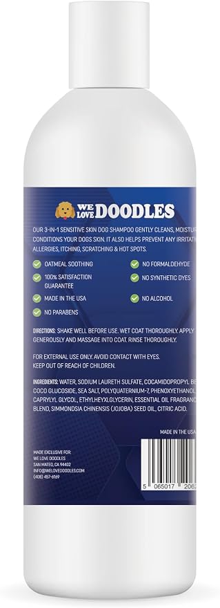 Dog Shampoo for Sensitive Skin with Oatmeal & Aloe, Hypoallegenic Tearless | Soothes Itching, Scratching & Allergies, Natural Sensitive Skin Dog Shampoo, Tear Free For Cats & Pets, 16OZ, Made in USA