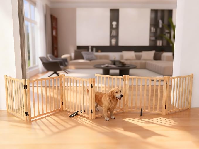 YOCAN Non-Painted Wooden Freestanding Dog Gates with Door for The House,Doorways, Stairs,Wood Dog Fences Indoor Pet Gate,Step Over Fence-6 Panel H:23"