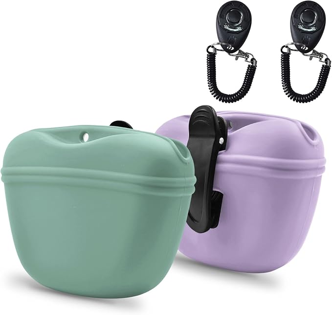 AUDWUD Silicone Dog Treat Pouch with Clicker Magnetic Closure Secure Clip | Upgraded clip keeps your treat pouch secure during training.Magnetic closure allows fast one hand access.Includes dog click