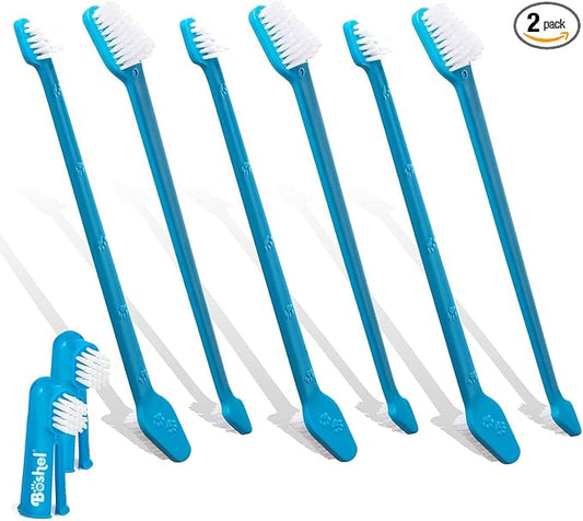Boshel Dog Toothbrush Kit, 6 Dual-Headed Dog Tooth Brush + 2 Pet Finger Toothbrush for Small and Large Breeds, 8 Pack