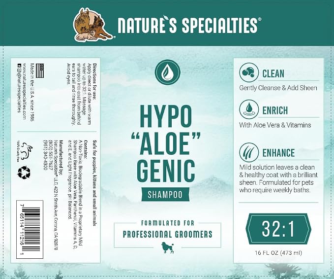 Nature's Specialties Hypoallergenic Ultra Concentrated Aloe Dog Shampoo for Pets, Makes up to 8 Gallons, Natural Choice for Professional Groomers, for Sensitive Skin, Made in USA, 32 oz