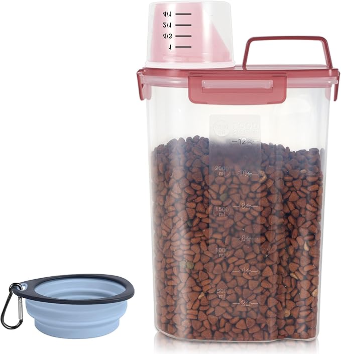 LEAWALK 3-5Lbs/3Qt Dog Cat Storage Container Portable with Upgraded Large Spout and Cup. Plastic Pet Food Dispenser for Small Animal Kibble, Bird Seed, Oatmeal, Rice, Flour, Brown Sugart (Clear PInk)
