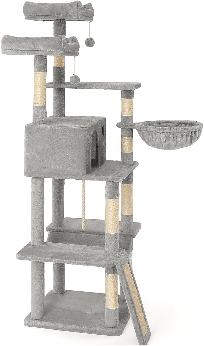 Multi-Level Cat Tree for Large Cats,63 Inches Heavy Duty Cat Tree for Indoor Cat Big Cat Tower with Sisal Scratching Posts Padded Platform, Hammock and Condo