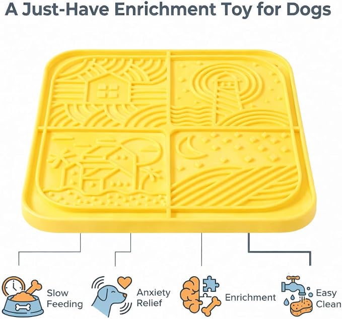 Dog Lick Mat with Suction Cups, 4-Texture Enrichment Slow Feeder for Dogs & Cats, Non-Slip Silicone Licking Pad for Anxiety Relief, Bathing & Training(Yellow)