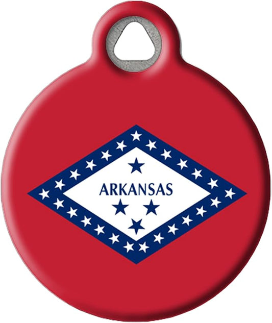 Arkansas State Flag Personalized Pet ID Tag for Dogs and Cats, Silent Polymer Coated Stainless Steel Arkansan Flag Nametag with Customized Identification Information - Small .875" Diameter
