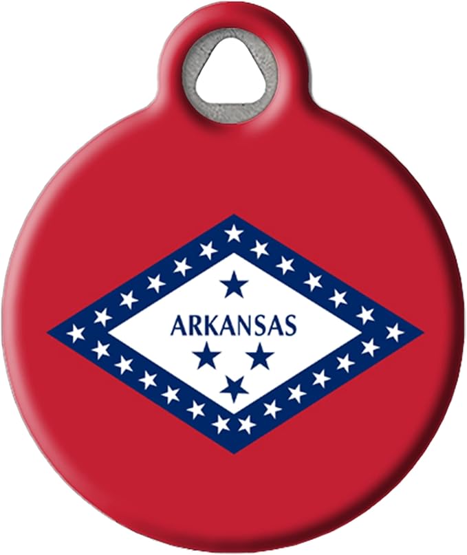 Arkansas State Flag Personalized Pet ID Tag for Dogs and Cats, Silent Polymer Coated Stainless Steel Arkansa Flag Nametag with Customized Identification Information - Large 1.25" Diameter