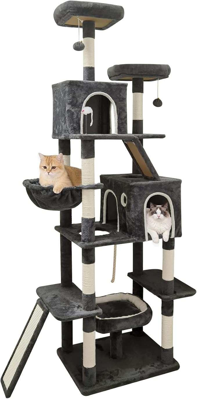 89 inch Cat Tree Tower - Extra Tall Multi-Level Cat Furniture with 2 Cozy Condos, Natural Sisal Scratching Posts, Plush Perches and Hammock for Large Indoor Cats (Black)