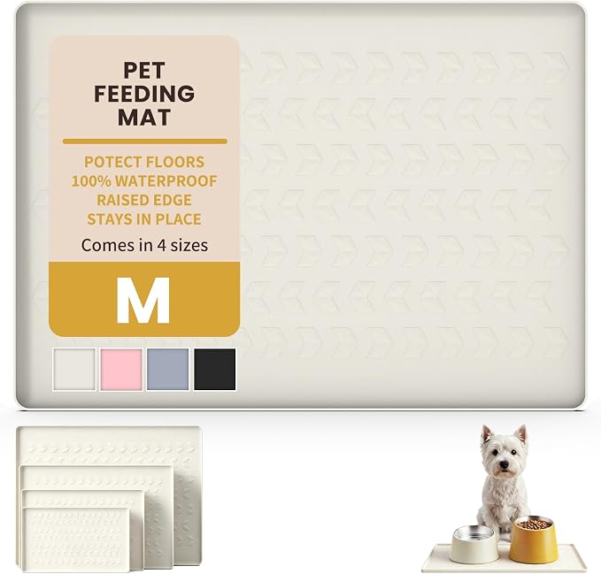 Pet Feeding Mat - 100% Waterproof Dog & Cat Bowl Pad with Raised Edges - Protects Floors from Messy Eaters & Spills - Anti-Slip, 100% PET-Safe, Dishwasher Safe (22"x14"x0.4", Beige)