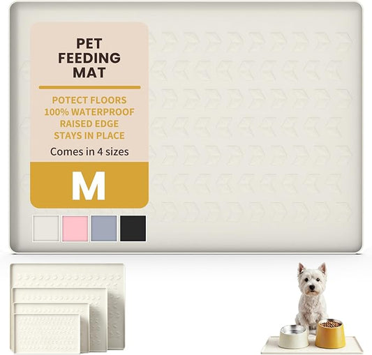 Pet Feeding Mat - 100% Waterproof Dog & Cat Bowl Pad with Raised Edges - Protects Floors from Messy Eaters & Spills - Anti-Slip, 100% PET-Safe, Dishwasher Safe (22"x14"x0.4", Beige)