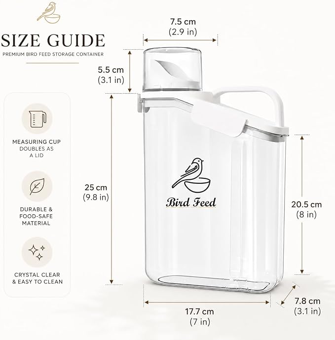 Bird Seed Storage Container,2.8L Airtight Bird Food Container with Handle and Measuring Cup,Portable Pet Food Container for Wild Bird Sunflower Seed-BPA Free Transparent/White