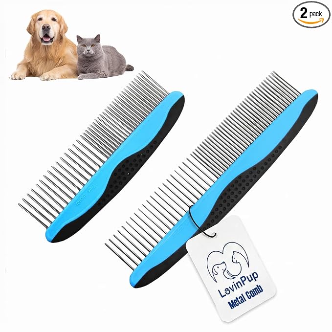 Pet Metal Comb for Dogs and Cats (2-Pack) – Detangling Comb | Stainless Steel Rounded Teeth for Painless Detangling – Dual-Spacing w/Comfort Grip Handle – Professional Grooming Tools