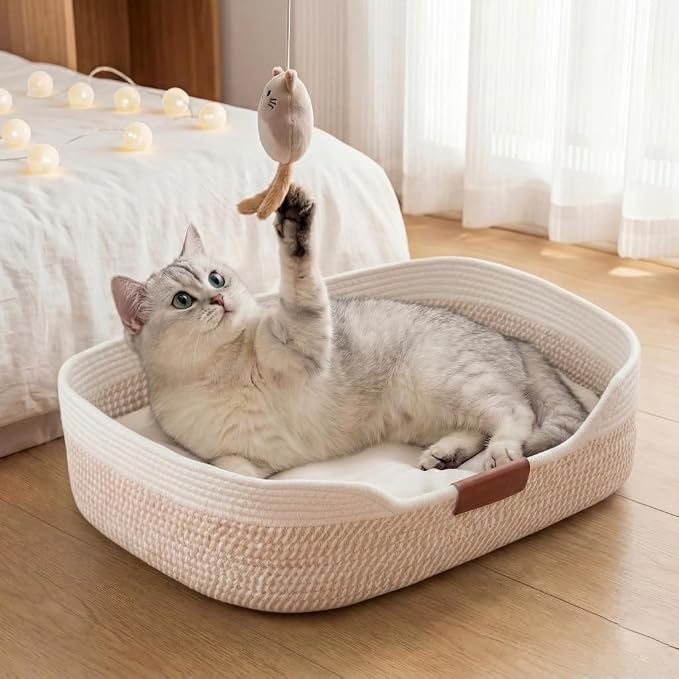 YOUDENOVA Cat Bed Basket with Removable Cushion,Stimulicat Handwoven Cat&Dog Basket,Cat Beds for Indoor Cats Couch, Kitten Bed for Medium and Large Cat, All Season Universal
