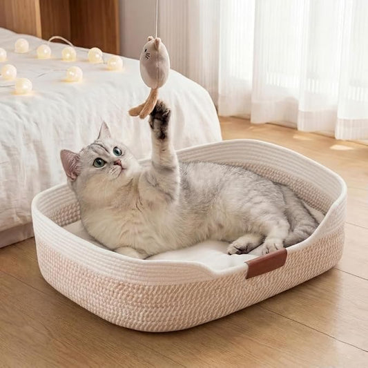 YOUDENOVA Cat Bed Basket with Removable Cushion,Stimulicat Handwoven Cat&Dog Basket,Cat Beds for Indoor Cats Couch, Kitten Bed for Medium and Large Cat, All Season Universal
