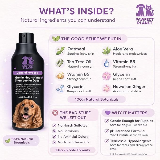Dog Shampoo Oatmeal Aloe Vera - Gentle Nourishing Formula for Itchy Skin Relief - Natural Puppy Shampoo for Sensitive Skin Allergies - pH Balanced Pet Wash All Breeds 750ml