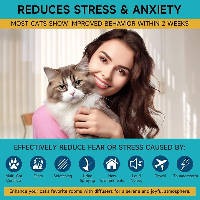 Woyamay Cat Calming Diffuser, Cat Pheromones Calming Diffuser, 6PCS | Cat Pheromone Diffuser Kit with 2 Diffuser + 4 Refill 48ml Vial - 120 Days Pheromone Diffuser to Calm Cats