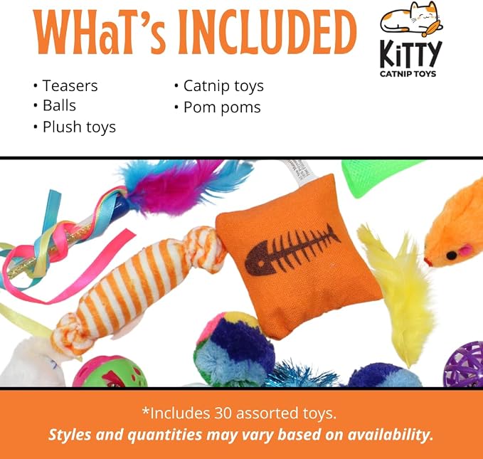 Kitty Catnip Toys- 60 Interactive Cat Toys for Indoor Cats & Kittens – Crinkle Balls, Sparkle Pom Pom Balls, Spiral Springs, Cat Mice, Teaser Wand, Kitten Toys - Variety Pack