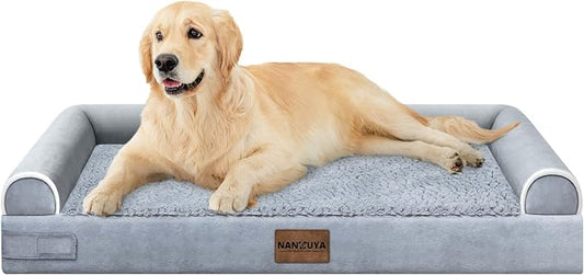 NANUYA Orthopedic Dog Bed for Large Dogs, 36 x 27 Inch, Light Grey | Egg crate foam for joint support, 3-sided bolster pet sofa, waterproof lining, washable cover, and non-skid base
