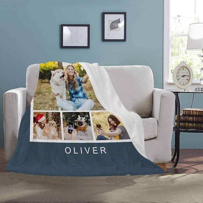 Personalized Throw Blanket Custom Blankets with Photo Name Home is Where The Dog is Soft Fleece Blanket for Lover Friend Family Birthday Wedding Gifts 4 Photos Collage