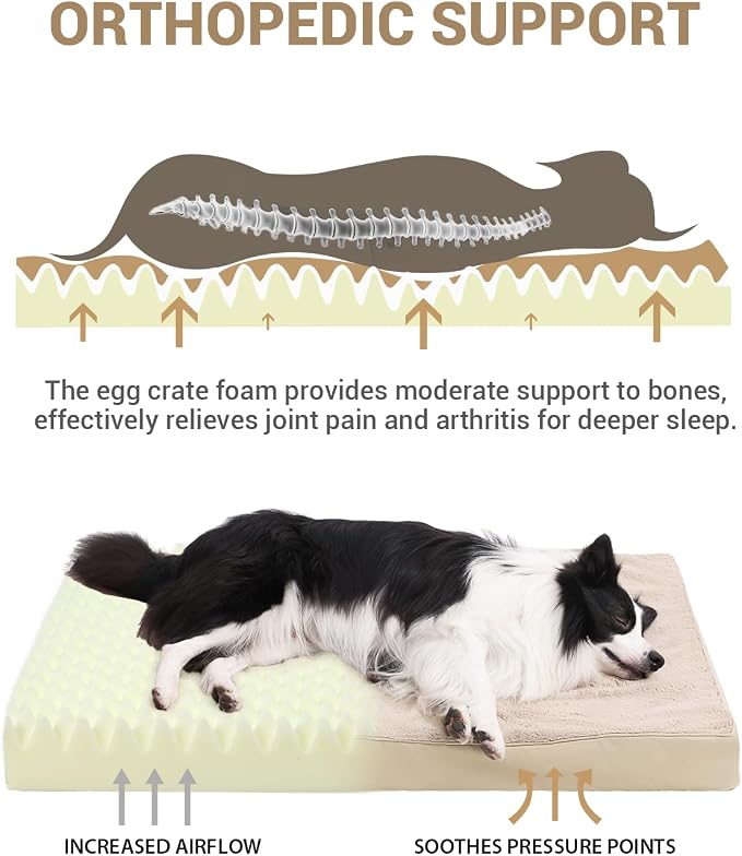 KSIIA Orthopedic Dog Bed for Extra Large Dogs with Waterproof, Khaki, 47x29 | Deluxe Soft Plush Dog Crate Bed, Washable Pet Mat with Removable Cover & Egg Crate Foam for Extra Large Dogs Sleeping