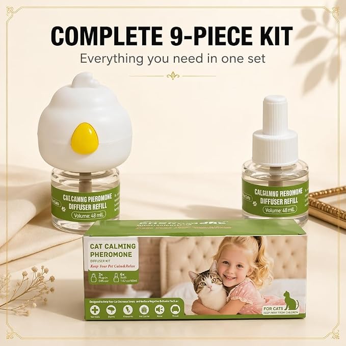 9-Pack Cat Calming Pheromone Diffuser Kit, 3 Diffusers & 6×48mL Refills | 180-Day Long Lasting Calming Supply, Suitable For Household Indoor Multi-Cat Living Environments