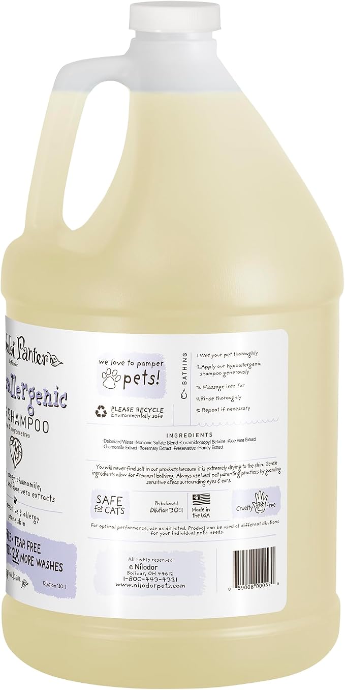 Bobbi Panter Hypoallergenic Dog Shampoo Honey, Aloe Vera, Chamomile & Rosemary – Dye & Fragrance Free Natural Formula for Sensitive & Allergy Skin, Tear-Free, 30:1 Concentrate, Made in USA, 1 Gallon