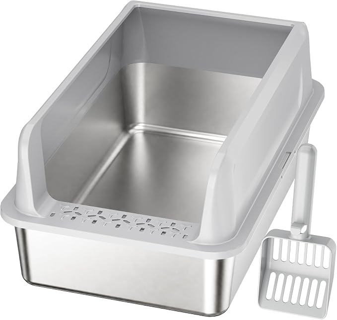 Lifewit Stainless Steel Litter Box, XL Metal Cat Litter Tray with Non-Slip Pads, Anti-Leakage Top Entry and High Sided, Easy to Clean, 22.8"×15"×10.2", Gray