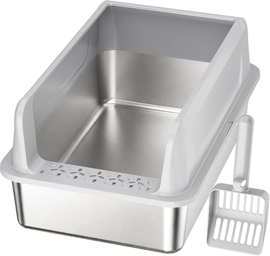Lifewit Stainless Steel Litter Box, XL Metal Cat Litter Tray with Non-Slip Pads, Anti-Leakage Top Entry and High Sided, Easy to Clean, 22.8"×15"×10.2", Gray