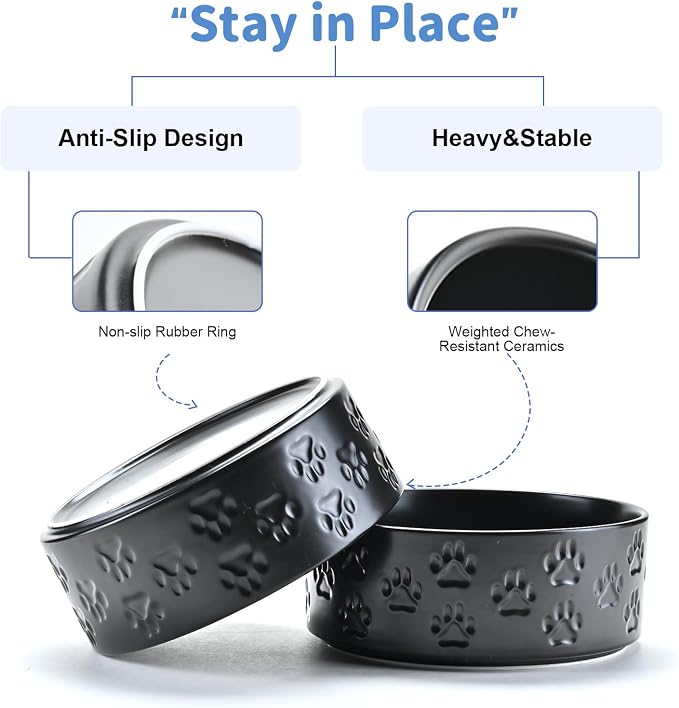 SPUNKYJUNKY Ceramic Dog Bowls 2 Pack, 7.3'' Dog Food Water Double Feeding Bowls Non-Slip for Medium to Large Sized Breed Microwave Dishwasher Safe - 42 OZ, 2pcs, Paw Black