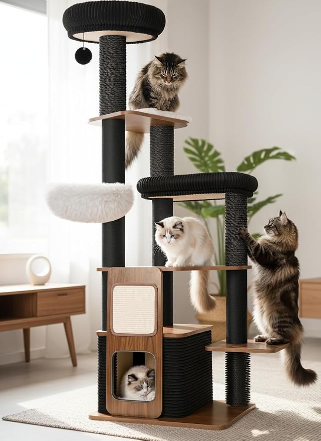 63" Wooden Cat Tree, Modern Cat Tower, Self-Grooming Brush, Walnut | Heavy Duty Cat Tree, Cats Furniture, for Large Cats up to 15 lbs, Climbing Post, Plush Top Perch, Stable Base, Cozy Cat Condo