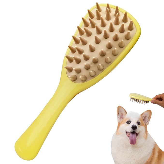 Pet Silicone Shampoo Brush for Long Short Hair Dogs Cats Washing, Dog Washing Brush with Handle for Bathing, Massaging, Hair Removal, on Wet or Dry Hair (Yellow)