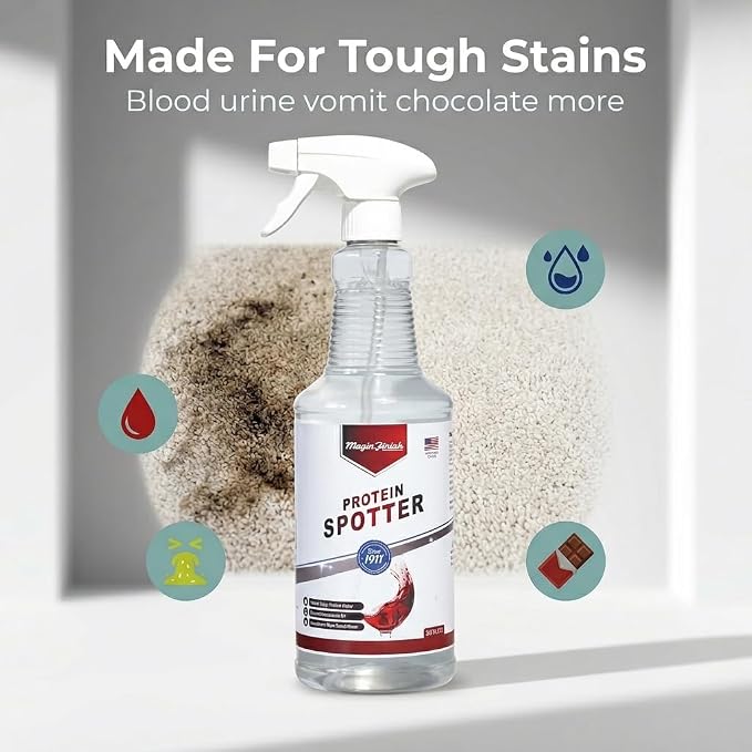 Magic Finish Protein Spotter (32 Oz) – Powerful Fabric and Carpet Stain Remover Spray – Lifts Blood, Pet Urine, Vomit, Food and Wine Stains – Clear, Unscented Spot Cleaner Solution