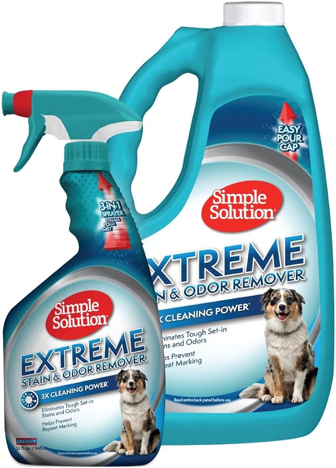 Simple Solution Extreme Stain & Odor Remover, Stain Cleaner, Gallon + 32oz | Dog Stain & Odor Remover, Pet Urine Enzyme Cleaner, Dog Urine Carpet Cleaner, Pet Odor Eliminator, Carpet Stain Remover