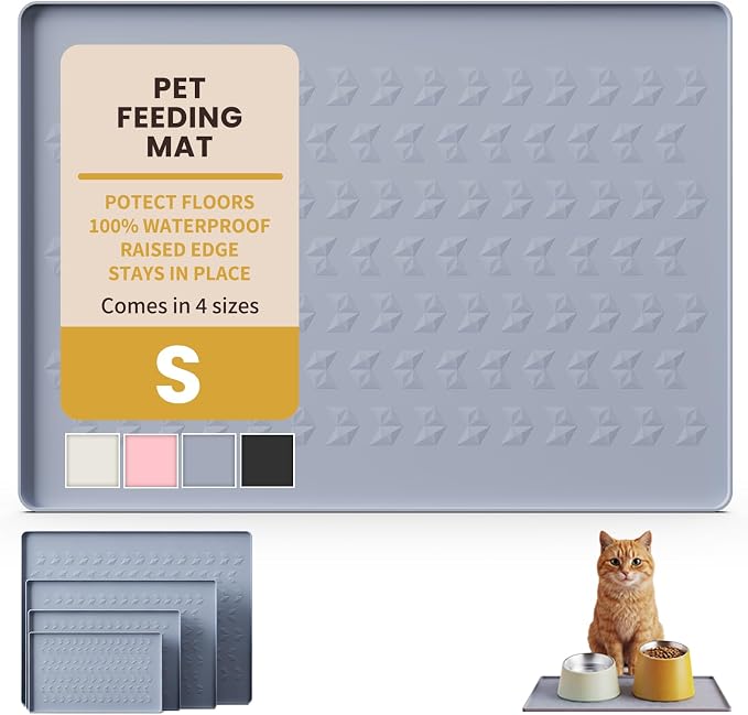 Silicone Pet Feeding Mat - 100% Waterproof Dog & Cat Bowl Pad with Raised Edges - Protects Floors from Messy Eaters & Spills - Anti-Slip, 100% PET-Safe, Dishwasher Safe (Grey 18.5"x11.5")
