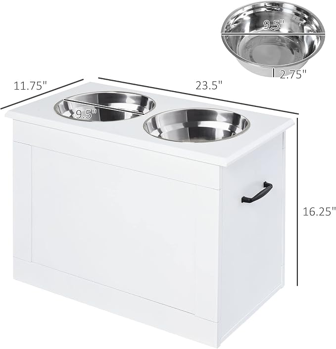 PawHut Raised Pet Feeding Storage Station for Large Dogs, White | with2 Stainless Steel Bowls Base for Other Large Pets