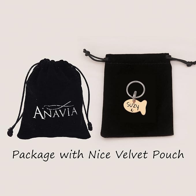 Anavia Cat Head & Fish Shape Pet ID Tags, Personalized Funny Icon Design Cat Name Tag, Customized Gold Plated Glossy Stainless Steel Black Rainbow Cat Dog Collar Tag (Small, Fish Shape, Silver)