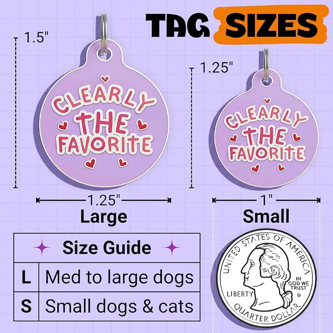 Bad Tags Personalized Dog and Cat ID Tags in 25+ Designs and 2 Sizes - 5 Lines of Custom Engraved Text - Funny Cute Personalized Pet Tags (Clearly The Favorite - Purple, Small (1 inch))
