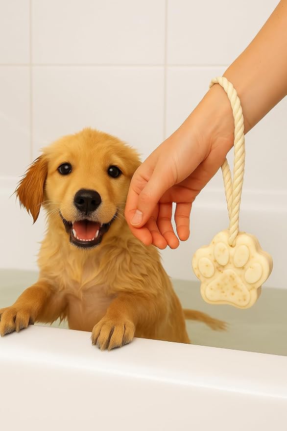 Natural Pet Shampoo Bar - Gentle Care Oatmeal for Sensitive Skin, 3.88 oz Paw Print Soap with Rope - Pet Wash Bar - Hypoallergenic, Dye-Free, Fragrance-Free, Chemical-Free, & Eco-Conscious