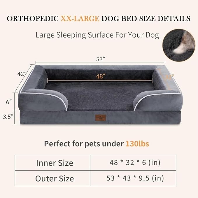 Comfort Expression Orthopedic Dog Bed for Extra Large Dogs with Bolster | Waterproof Dog Couch Bed with Washable Cover & Non-Slip Bottom, Supportive Egg Crate Foam Big Dog Bed, 53x42Inch