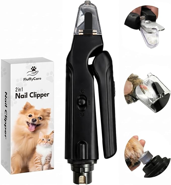 2-in-1 Dog & Cat Nail Clipper and Grinder with Light - USB Rechargeable Pet Nail Trimmer with Safety Guard for Thick Nails, Quiet Professional Grooming Tool