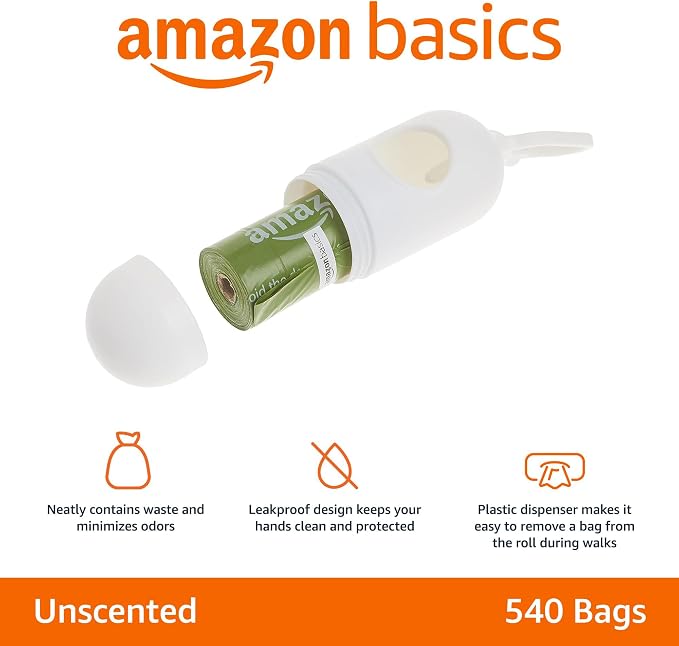 Amazon Basics Premium Leak Proof Dog Poop Bags with Dispenser and Leash Clip, Unscented, 13" x 9", 540 Count (36 Rolls of 15)