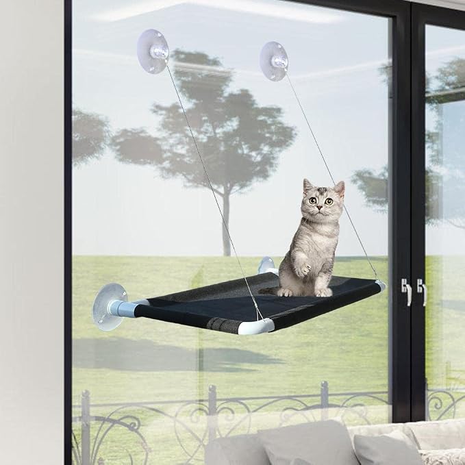 Cat Hammock Window Seat Mesh Shelf Indoor Cat Perch Rugged Hanging Bed Removable Quick Sturdy Suction Cups Suitable for Window Use, Black