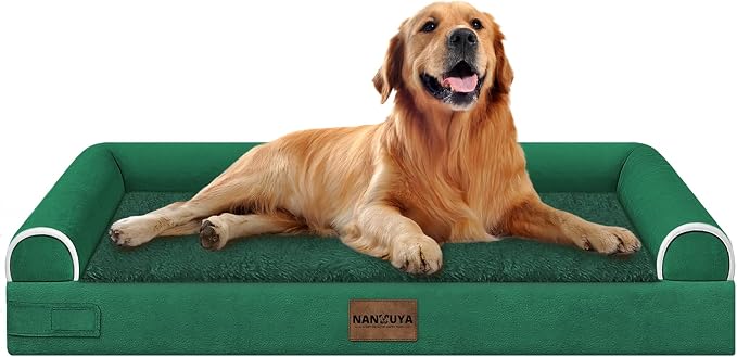 NANUYA Orthopedic Dog Bed for X-Large Dogs, 40 x 32 Inch, Emerald | Egg crate foam for joint support, 3-sided bolster pet sofa, waterproof lining, washable cover, and non-skid base