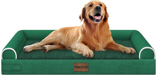 NANUYA Orthopedic Dog Bed for X-Large Dogs, 40 x 32 Inch, Emerald | Egg crate foam for joint support, 3-sided bolster pet sofa, waterproof lining, washable cover, and non-skid base