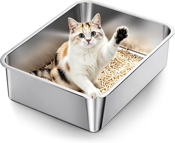 Stainless Steel Cat Litter Box with High Sides, Large Metal Litterbox Pan, Odor-Free & Non-Stick Smooth Surface, Leakproof One-Piece Kitty Litter Tray for Indoor Cats, Kittens, Medium (M Size)