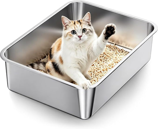 Stainless Steel Cat Litter Box with High Sides, Large Metal Litterbox Pan, Odor-Free & Non-Stick Smooth Surface, Leakproof One-Piece Kitty Litter Tray for Indoor Cats, Kittens, Medium (M Size)