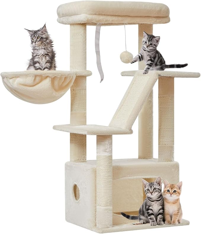 Taoqimiao Cat Tree, 38.5In Cat Tower for Indoor Cats, Suitable for Kittens | Thick Padded Top Perch, Luxurious Cat Condo, Adjustable Basket, 1-Piece Ramp Scratcher, 3 Natural Sisal Posts, Beige, MS029SM