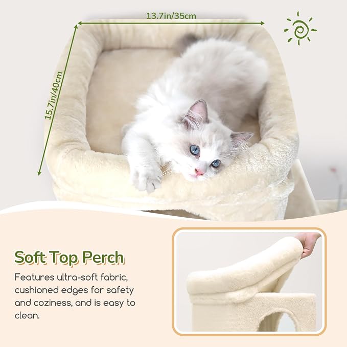 Globlazer Heavy Duty Cat Tree for Indoor Cats Large Adult, F52B, Beige | 3 Condos, Extra-Large Baseboard, Removable Top Perch, 4 Sisal Posts & Board, Hanging Basket, Anti-Topple Strap, Easy Setup