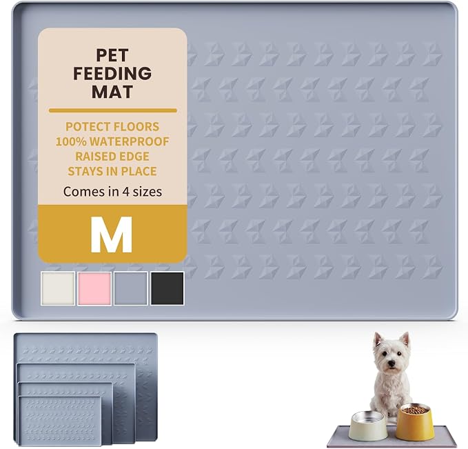 Silicone Pet Feeding Mat - 100% Waterproof Dog & Cat Bowl Pad with Raised Edges - Protects Floors from Messy Eaters & Spills - Anti-Slip, 100% PET-Safe, Dishwasher Safe (Grey 22" x 14")